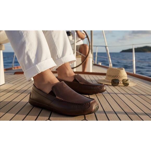 OluKai Loafers Brown Leather Akepa Moc Moccasin Slip On Driving Shoe Mens 10.5 main image 6